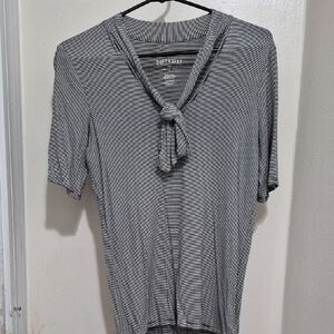 American Eagle Outfitters Black & White Striped Tie-Neck Short Sleeve Top